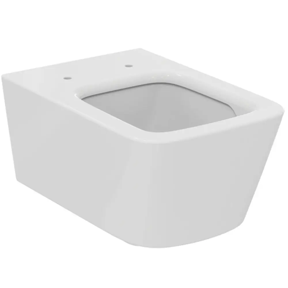 Weißes Wand-WC von Ideal Standard, rechteckige Form, ohne sichtbare Spülrandkanten und Türöffnungen, geeignet für moderne Badezimmerinstallationen.